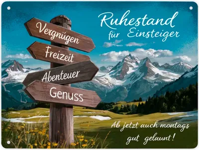 Produktbild von Hölzerner Wegweiser - Ruhestand für Einsteiger - Metallschild XL in 21x28 cm -