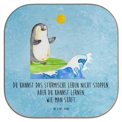 Produktbild von Mr. & Mrs. Panda Untersetzer Tasse Pinguin Surfer - Eisblau - Geschenk, Hawaii, Portugal, Motiviert, Urlaub, Gläser, gläseruntersetzer, Glas, für, Optimistisch, Coaster