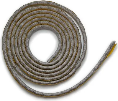A coiled gray rope with a yellow backing is shown against a white background.