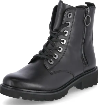 A black leather boot on a white background.