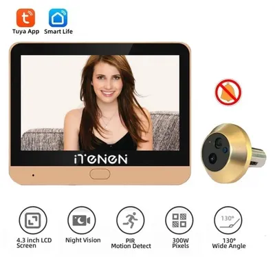 Produktbild von Digitaler Türspion mit Kamera - WLAN-Türspion - 1080p - 2,4-GHz-WLAN - Farbdisplay - Batteriebetrieben - Gold