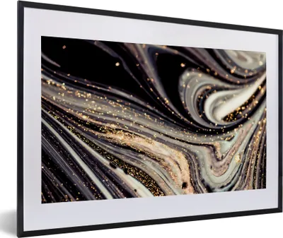 Produktbild von MuchoWow® Gerahmtes Poster Marmoroptik - Schwarz - Gold - Weiß - Glitter - Marmor 60x40 cm - Poster mit Schwarzem Bilderrahmen Wandposter Rahmen Foto Bilder - Schlafzimmer - Plakat in Rahmen - Drucken