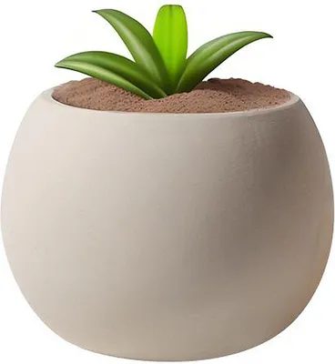 A beige, spherical ceramic planter with a small green succulent plant growing out of it.