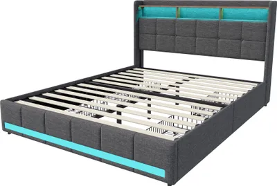 Immagine prodotto di Letto matrimoniale imbottito 140 x 200 cm con cassetti, connessione USB e illuminazione LED, grigio