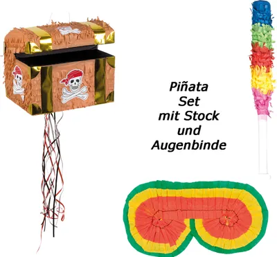 Produktbild von Set Zugpinjata Schatztruhe Piñata Kindergeburtstag Pinata + Stab + Augenmaske