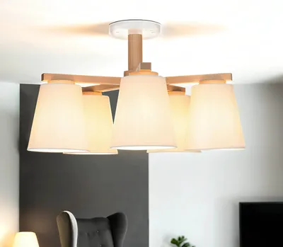 Produktbild von Deckenleuchte Weiß Stoff Holz 3x E27 skandinavisches Design Wohnzimmer Flur Deckenlampe MAIDEL