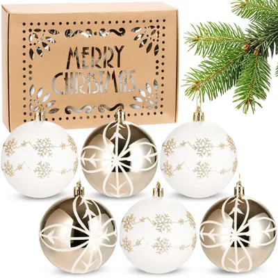 Produktbild von BRUBAKER 6er Set Weihnachtskugeln - 8 cm Christbaumkugeln Bruchsicher - Weihnachtsdeko Christbaumschmuck Baumkugeln - handbemalte, Weiß/Chamapgner