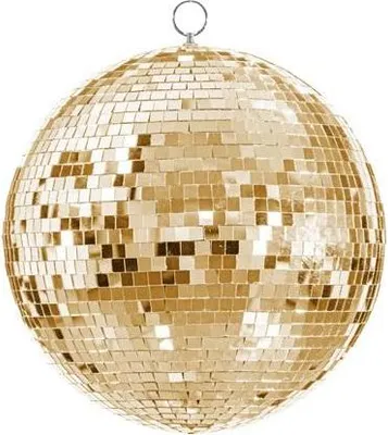 A gold disco ball hanging against a white background.