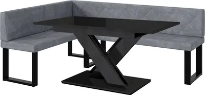 Produktbild von MEBLINI Eckbank für Esszimmer mit ausziehbarem Tisch  - Küchenbank - Essecke - Sitzecke Küche - ERIC - U-Beine 142x196x87cm Links - Grau Samt/B Schwarz Hochgl.