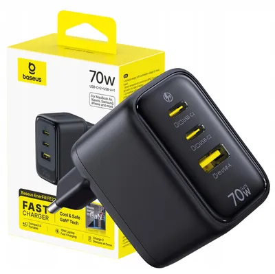Produktbild von Baseus Schnellladegerät für die Steckdose, 70 W, 2× USB-C, USB-A, PD, QC, für Smartphones