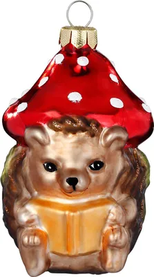 Christbaumschmuck Glas 7,7cm Igel mit Pilzhut Figur Braun / Rot