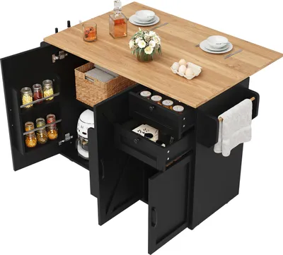 Produktbild von Kücheninsel, Küchenschrank, Speisewagen mit Holzmaserung, buffetschrank, Multifunktionale Esstisch mit Speicherraum, Speisewagen mit Snackregalen