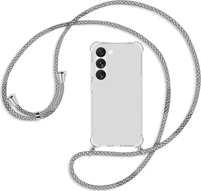 Produktbild von Handykette Backcover-Schutzhülle mit Band (Metall silberfarben) für Samsung Galaxy S23 - weiß/grau kariert