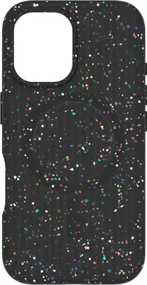 A black phone case with a speckled multicolor pattern and a circular PopSocket attachment.