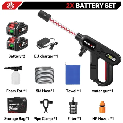 Zdjęcie produktu dla Myjka wysokociśnieniowa bezprzewodowa - ręczna pistolet do mycia - 220 bar, 3500 W - silnik bezszczotkowy - 3 tryby pracy - 18 V, zestaw z 2 akumulatorami