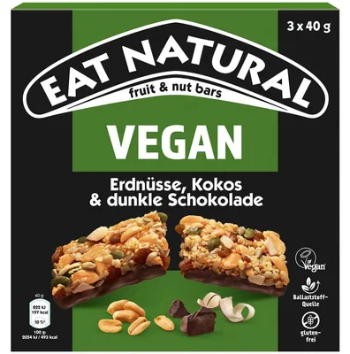 Image de Barres aux fruits et aux noix Eat Natural - Végétaliennes aux cacahuètes, à la noix de coco et au chocolat noir - 3 x 40 g