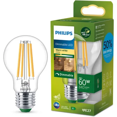 Produktbild von Philips Filament-Lampe, transparent, 60 W A60 E27, 4 W, 60 W, E27, 840 lm, 50000 h