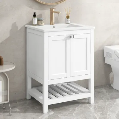 Produktbild von okwish Badezimmerschränke Badmöbel Einzel Waschtisch mit Unterschrank 60cm mit Keramik-Waschbecken,weiß