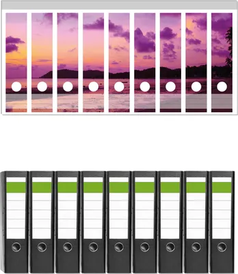 Produktbild von Wallario 9 Stück breite Ordner inkl. Klebeetiketten mit Motive Sonnenuntergang unter Palmen  Himmel in lila und orange -  Set mit Rückenschildern / Ordnerrücken Stickern