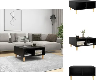 A collage of images showing a black coffee table from different angles, placed in a living room setting and on a white background. The table has a modern design with wooden legs and two storage compartments.