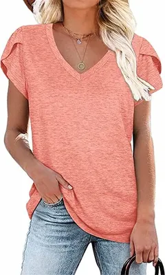 Produktbild von ASKSA Damen V-Ausschnitt Kurzarm T-Shirt Blütenblatt Ärmel Tops Shirts Sommer Casual Tunika Oberteile, Rosa, L