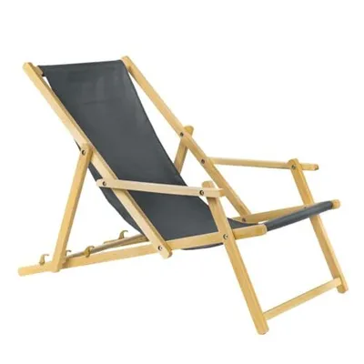 Produktbild von Holz Sonnenliege Strandliege Liegestuhl aus Holz 3 Stufen Klappbare Gartenliege mit Armlehne grau