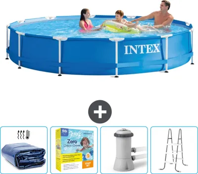 Immagine prodotto di Piscina Intex con struttura rotonda - 366 x 76 cm - blu - include tenda da sole - pacchetto manutenzione - pompa filtro per piscina - scaletta