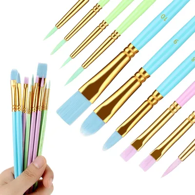 Produktbild von 10 Stück Pinsel Set, Nylon Malpinsel 5 Runde Pinsel und 5 Flache Pinsel Set 10 Größen Kleine Künstlerpinsel für Ölmalerei, Acrylmalerei, Gouachemalerei, Aquarellmalerei (Blau, Lila, Grün)