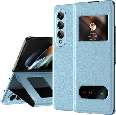 Image de Etui mince en cuir pour Samsung Galaxy Z Fold 4 5G, avec fenêtre d'affichage et fonction stand Bleu litchi