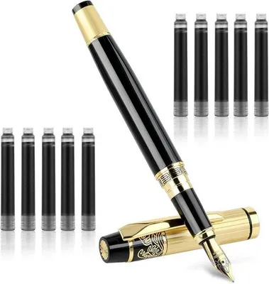 Immagine prodotto di Penna stilografica in metallo con 10 cartucce di inchiostro nero 26 mm 0,5 mm Punta - Set di penne da lavoro