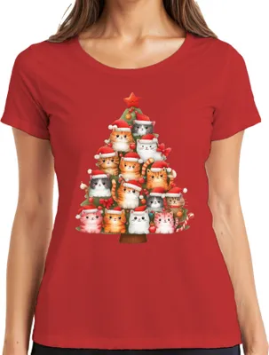 Produktbild von Katzen Weihnachtsbaum Katzenbesitzer - Weihnachten Weihnachtsgeschenk Christmas Damen T-Shirt, Rot, L
