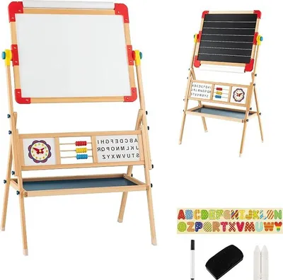 Imagen del producto de Kit de caballete para niños, giratorio 360°, doble superficie de escritura, madera, pizarra magnética, para niños a partir de 3 años