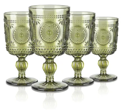 Immagine prodotto di Omgoods - Bicchieri da vino da 300 ml - Vetro vintage - Set da 4 - Adatti alla lavastoviglie - Design elegante - Motivo in rilievo con girasoli romantici - Bicchieri da bevanda