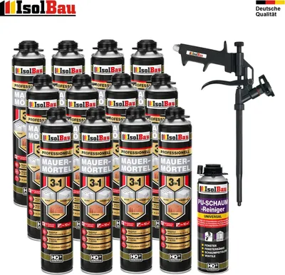 Mauermörtel 15 x 750ml SET Teflon Schaumpistole Reiniger Montageschaum PU Mörtel