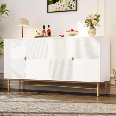 Image de Commode Merax 160 cm, Buffet 4 portes, pied doré, étagères réglables, bahut pour salon & salle à manger, blanc