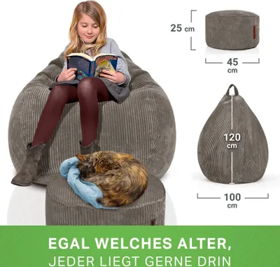 Produktbild von Green Bean® 2er Set Indoor XXL Sitzsack + Pouf mit EPS-Perlen Füllung - Fußhocker Fußkissen Hocker Bodenkissen Liegekissen Sitzkissen Lounge Chair - Anthrazit