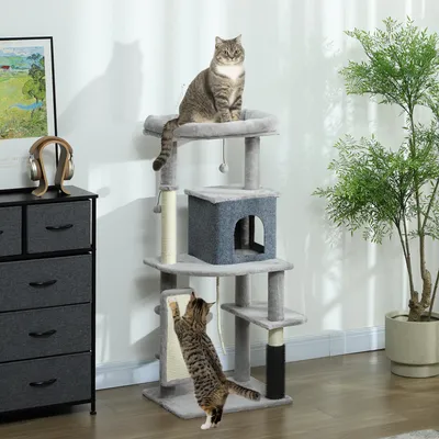 Produktbild von SUGIFT Katzenbett, Katzenbaum XXL mit Kratzpfosten, Katzenhaus, Plüsch, Hellgrau | Sisal | für 1-2 Katzen bis 6 kg | 132 cm