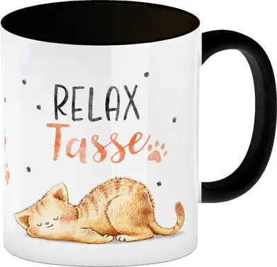 Produktbild von Relaxte Katze Kaffeebecher in schwarz mit Spruch Relax Tasse