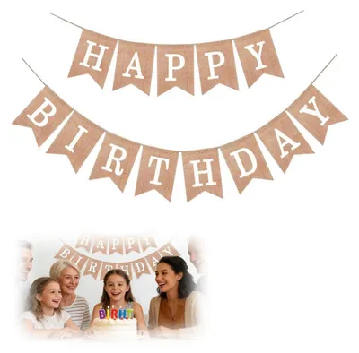 Produktbild von Happy Birthday Girlande Sackleinen Banner Vintage Leinen Weiße Schrift
