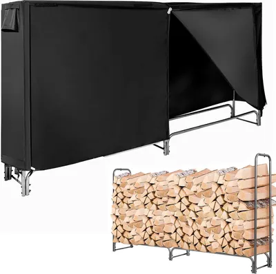 A collage showing a black firewood rack with a cover and a separate image of a firewood rack filled with wood.