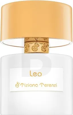 A white perfume bottle with a gold cap and a label that says 'Leo Tiziana Terenzi'.