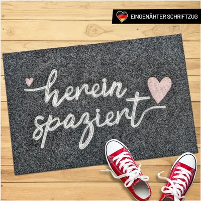 Produktbild von WELLMODA® Fußmatte I genähter Schriftzug Hereinspaziert I Waschbar & rutschfest I Fussmatte für außen & innen I Fußabtreter für Haustür, Garten & als Geschenkidee in 40x60 cm Grau