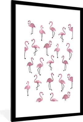 Produktbild von MuchoWow® MuchoWow® Gerahmtes Poster Flamingo - Rosa - Muster 60x90 cm - Poster mit zchwarzem Bilderrahmen - Dekoration - Wandposter Wohnzimmer - Hochwertig