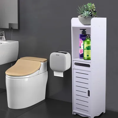 A bathroom scene with a toilet, sink, and a storage cabinet.