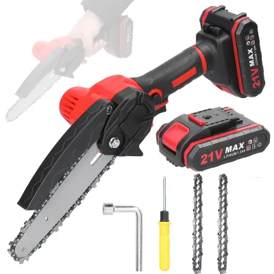 A cordless chainsaw and its accessories are displayed against a white background.