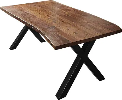 Produktbild von Esszimmertisch 220x100 cm Xaver, Baumkantentisch nussbaumfarben, Akazienholz massiv, X-Gestell aus Metall schwarz