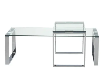 Zdjęcie produktu dla Katrine rechteckig Couchtischsatz, Tischplatte klar gehärtetet Glas, Kufe Gestellen Chrom Stahl, mit Satz aus 2 Stück, 115x69x45 cm