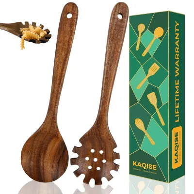 Teakhout Kochlöffel Set, 2 Stück – Spaghettilöffel & Suppenlöffel