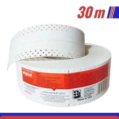 A roll of white paper tape with perforations, used for drywall finishing, with text and branding visible on the packaging.