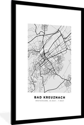 Produktbild von MuchoWow® Gerahmtes Poster Stadtplan - Bad Kreuznach - Karte - Deutschland 60x90 cm - Poster mit Schwarzem Bilderrahmen Wandposter Rahmen Foto Bilder - Dekoration - Wandposter Wohnzimmer - Hochwertig